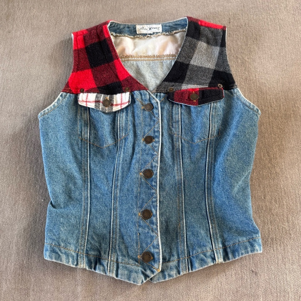 Vintage Paris Blues Denim Vest with Plaid Trim